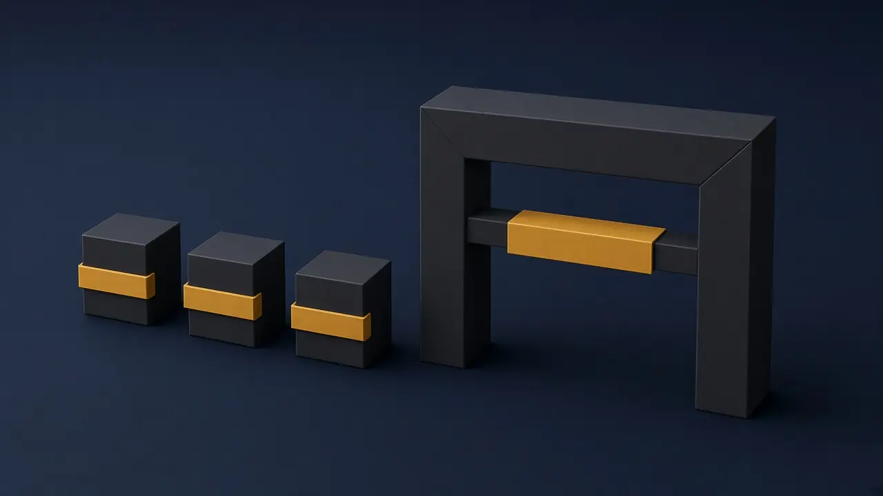 Three small banded boxes stopped short of a charcoal gateway with an amber bar
